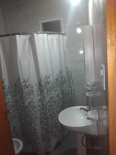 y baño con cortina de ducha y lavamanos. en Departamento mario en San Rafael