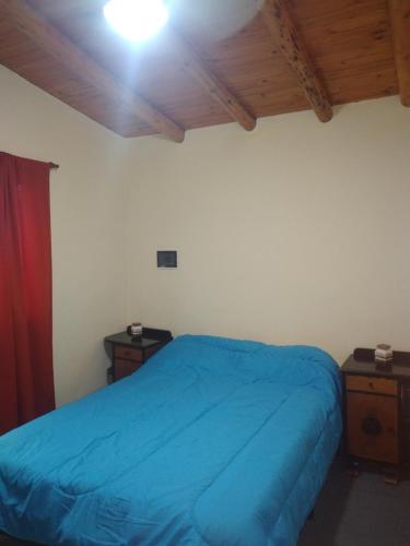 1 dormitorio con cama azul y techo de madera en Departamento mario en San Rafael