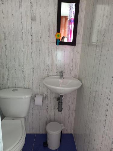 bagno con lavandino, servizi igienici e specchio di Hostal La Casa Rosada a Lejanías