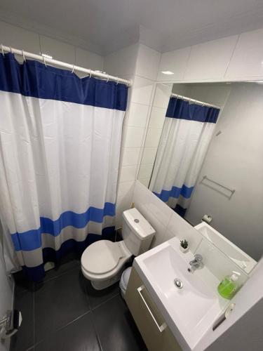 a bathroom with a white toilet and a sink at Apartamento junto a la playa en Bahía Horizonte in Coquimbo