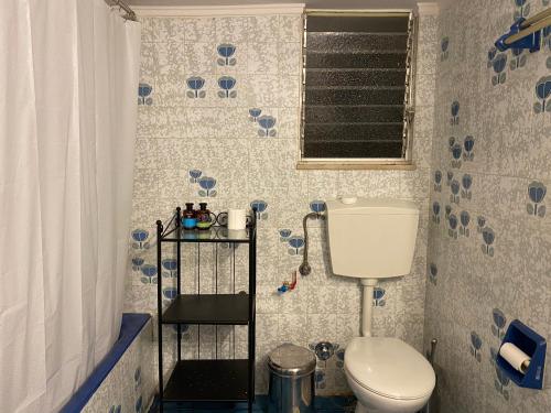 a blue and white bathroom with a toilet and a window at Elegant City Flat in Athens