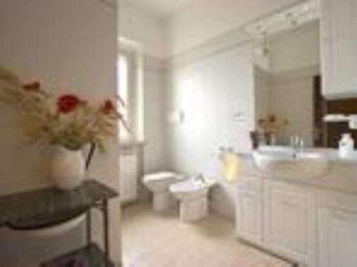 Baño blanco con aseo y lavamanos en Canalicchio Apartment Strategic for visiting Umbria, en Canalicchio