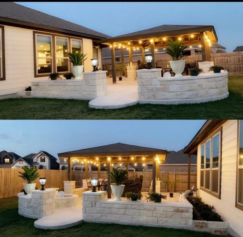 two pictures of a house with a patio with lights at Beautiful Home with Modern Rooms in Round Rock