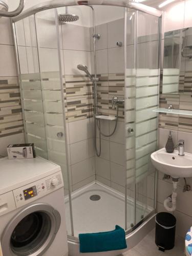 ein Bad mit einer Dusche und einer Waschmaschine in der Unterkunft Fürdő Apartman in Makó
