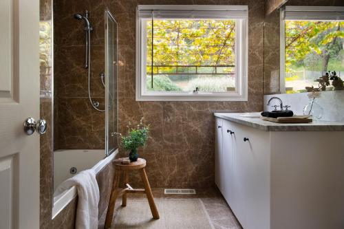 baño con ducha, lavabo y ventana en Noonameena en Hepburn