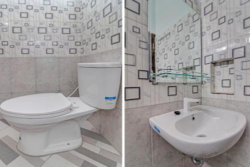 2 fotos de un baño con aseo y lavabo en OYO 92057 Reny Kost Syariah en Jambi