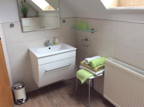 La petite salle de bains est pourvue d'un lavabo et d'un miroir. dans l'établissement Ferienwohnung Holzheimer, à Sandberg