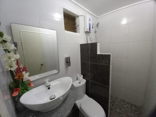 a bathroom with a sink and a toilet and a mirror at Malapascua Garden Resort in Malapascua Island