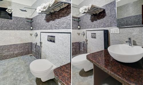 two pictures of a bathroom with a toilet and a sink at Itsy Hotels Vijaya Comforts, Coorg in Madikeri