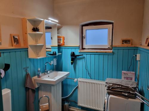 ein Bad mit blauen Wänden, einem Waschbecken und einem Fenster in der Unterkunft Ferienwohnung Noltenius in Bülstedt