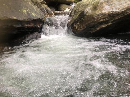 a small waterfall in a river with rocks at Palabaddala Tea and Eco Lodge in Ratnapura