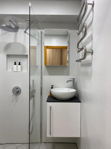 La salle de bains est pourvue d'un lavabo et d'une douche en verre. dans l'établissement Vakariniai Apartamentai, à Panevėžys