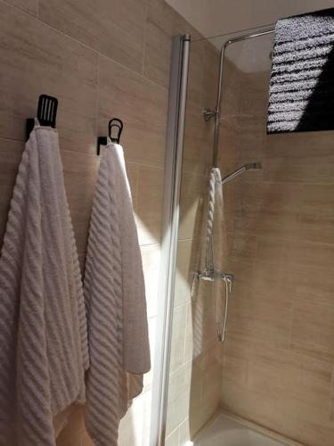 a bathroom with a shower with two towels and a glass door at Can Santa dúplex en el centro de Camprodón in Camprodon