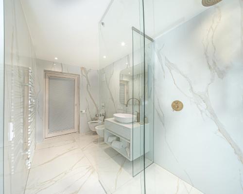 a bathroom with a glass shower and a sink at Chalet Villa Carolina in Selva di Val Gardena