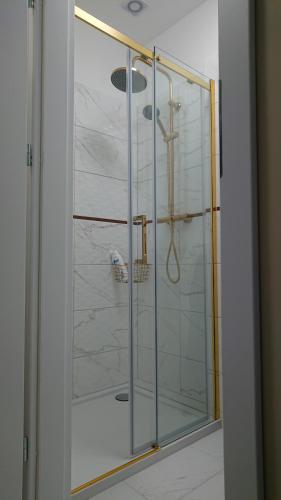 eine Dusche mit Glastür im Badezimmer in der Unterkunft Apartament Pod Semaforem Duszniki-Zdrój in Duszniki-Zdrój