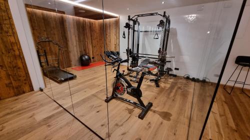 a gym with a exercise bike in a room at Villa Carolina in Selva di Val Gardena