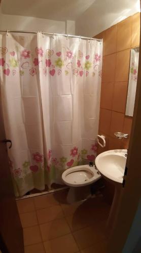 y baño con cortina de ducha, aseo y lavamanos. en Las heras en Villa Carlos Paz