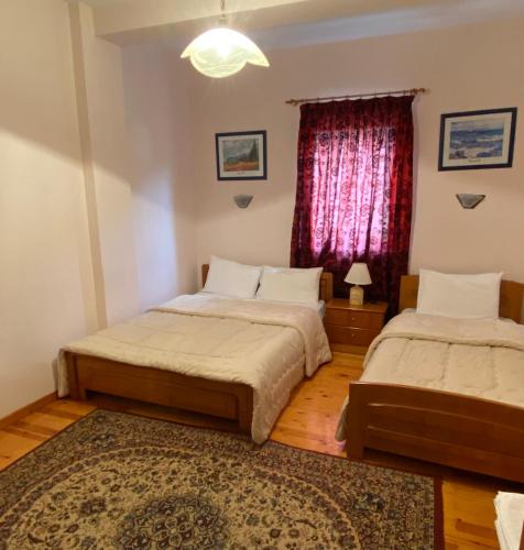 a bedroom with two beds and a window at Eleni's Guesthouse in Pisoderi