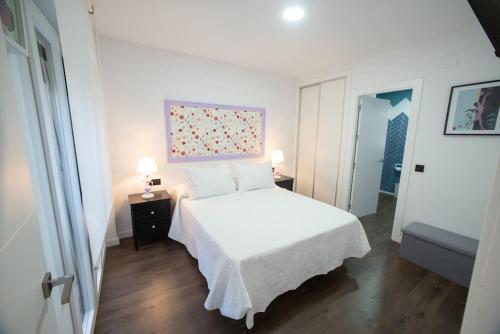 普拉森西亞的住宿－las DOS CATEDRALES 2，卧室配有白色的床和墙上的绘画作品