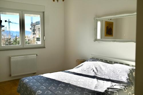 a bedroom with a bed and two windows at Apartment Lola in Trebinje