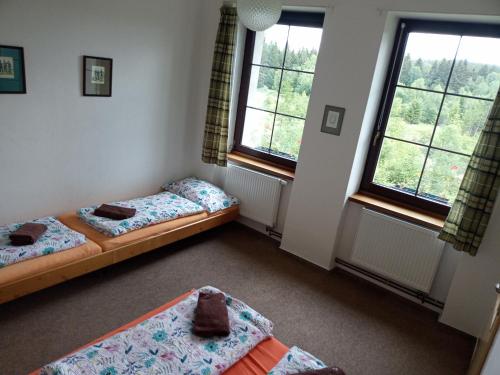 two beds in a room with two windows at Penzion Šumavous in Vimperk