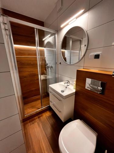 een badkamer met een toilet, een douche en een wastafel bij Willa Dorota in Krynica Zdrój