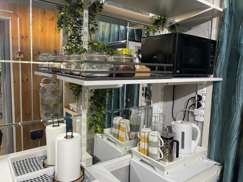 a kitchen with a counter with plants on it at Tropical Style House Near Newcastle City Centre in Newcastle upon Tyne