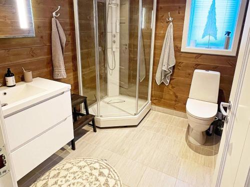 a bathroom with a shower and a toilet and a sink at 7 person holiday home in Rauland-By Traum in Rauland