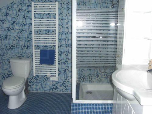 a bathroom with a toilet and a sink and a shower at Appartement FARIO in Ax-les-Thermes