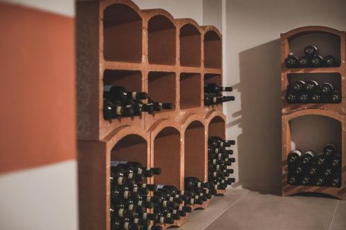 Villa Vinory Bricco di Nizza في نيتسا مونفيراتو: قبو للنبيذ مع مجموعة من زجاجات النبيذ