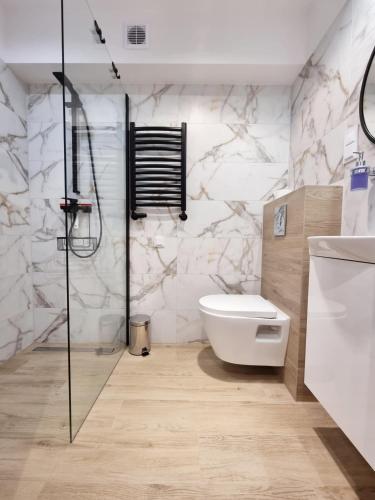a bathroom with a shower and a toilet and a sink at SunMarine Hel in Hel