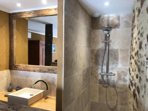 W łazience znajduje się prysznic i umywalka. w obiekcie Maison d'hôtes " Ecuries de St maurice" w mieście Lacapelle-Marival