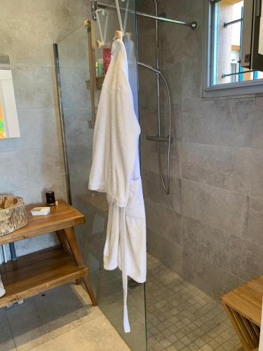 a shower with a white towel on a glass door at Raffiné appartement in Saint-Jean-Cap-Ferrat