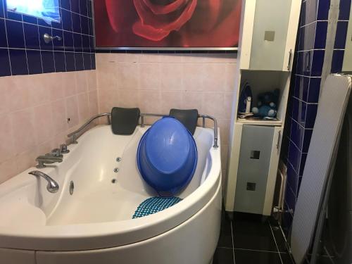 eine Badewanne mit blauem Ball drauf in der Unterkunft Külön apartman fiatal pároknak hosszútávra feléért! in Budaörs