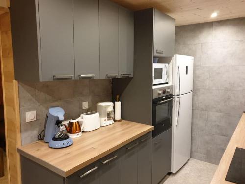 kuchnia z białą lodówką i blatem w obiekcie Appartement Spacieux Pra Loup T4 11 pers. 105m² w mieście Uvernet