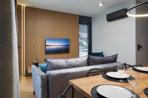 a living room with a couch and a tv at Apartamenty Olimpijska by RENT4YOU in Olsztyn