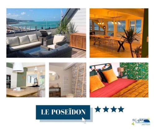 a collage of four pictures of a house at Le poséidon, gîte EXCEPTIONNEL face à la mer avec spa, terrasse, 4 chambres UN VRAI COUP DE COEUR in Fécamp