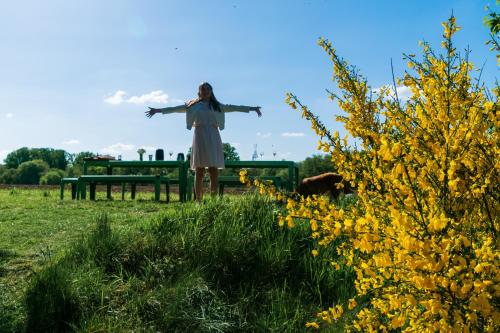 a woman standing in a field with her arms outstretched at Lodge op de Berg in Bree