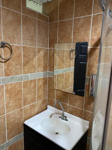 a bathroom with a sink and a mirror at Bonito Departamento Verde con terraza in Cholula