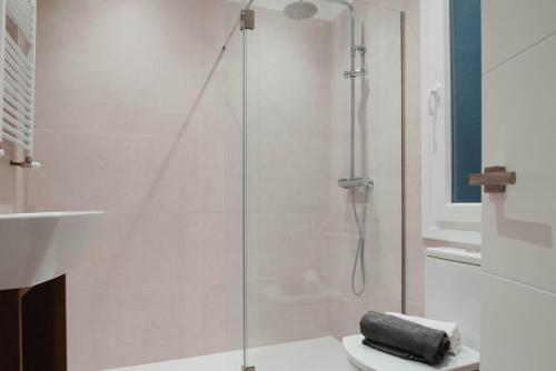 a bathroom with a shower with a toilet and a sink at Apartamento Zurriola by SanSe Holidays in San Sebastián