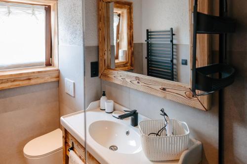 W łazience znajduje się umywalka, lustro i toaleta. w obiekcie Challet Tonka w Zuberzcu