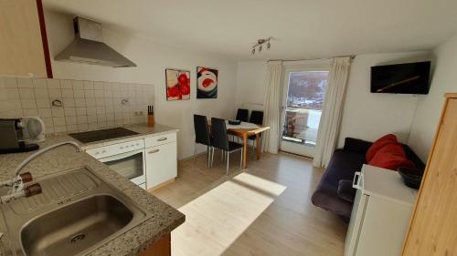 a kitchen with a sink and a living room at Haus Therese in Kirchberg in Tirol