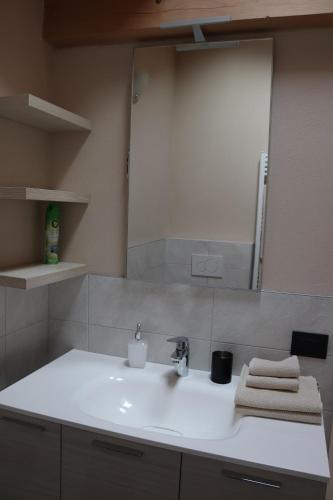 a bathroom with a white sink and a mirror at Casa dello Sciatore in Bormio