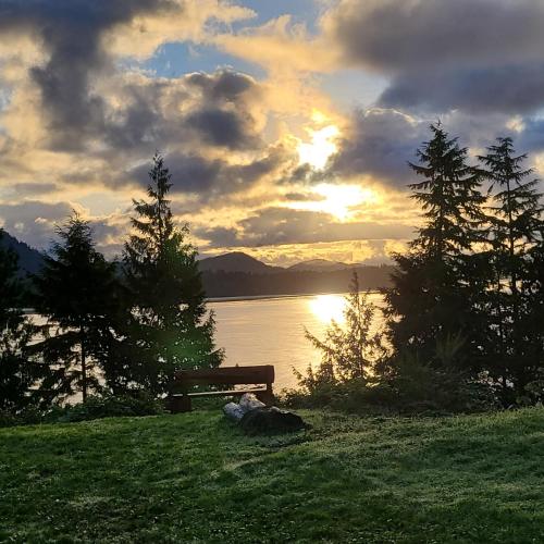 a bench sitting on the grass near a body of water at Meares Vista Inn in Tofino