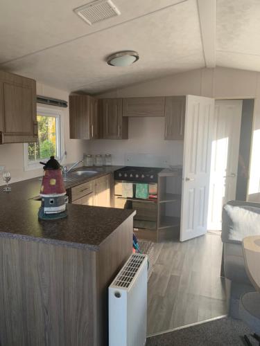 eine Küche mit einer Arbeitsplatte in einem Zimmer in der Unterkunft ParkDean Cherry tree holiday park Burgh castle in Belton