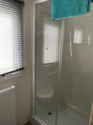 eine Dusche mit Glastür im Bad in der Unterkunft ParkDean Cherry tree holiday park Burgh castle in Belton