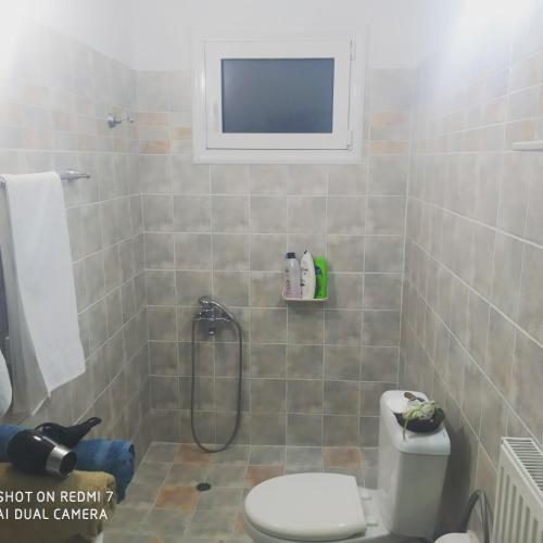 a bathroom with a shower with a toilet and a tv at Τhalassa Home Fine Living in Petra