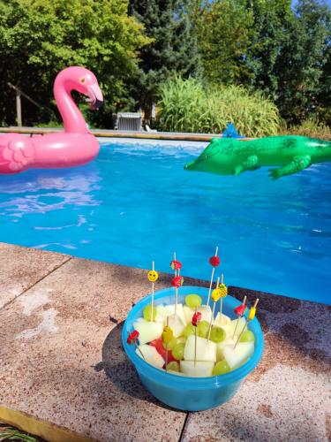 a bowl of fruit in front of a pool at Pension Weidengrund in Walsrode