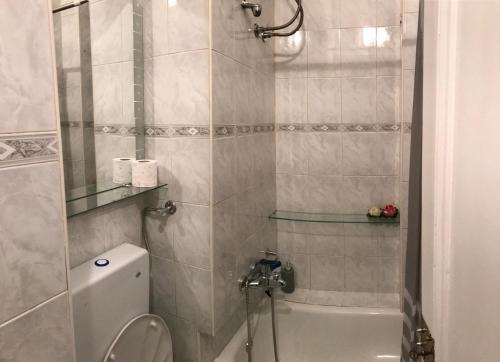 y baño con ducha, aseo y lavamanos. en Apartment Amra, en Sarajevo