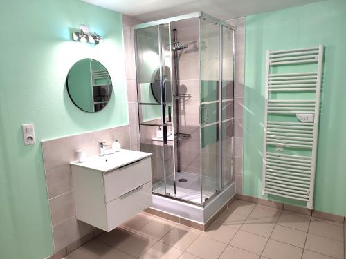 a bathroom with a glass shower and a sink at Les Randogodilleurs à 2kms des pistes et 350m du Théatre du Peuple ! in Bussang